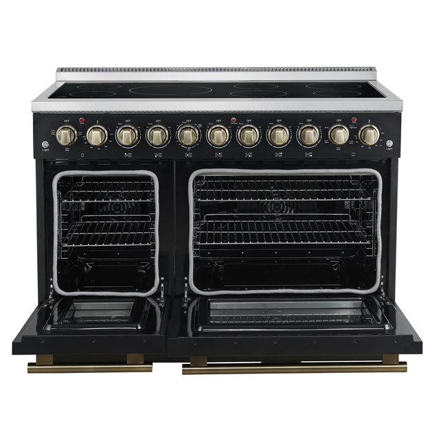 Forno Paolo 48 Inch Freestanding Electric Range in Black with Antique Brass, 6.7 cu.ft, True Convection Oven, Energy Efficient FORNO