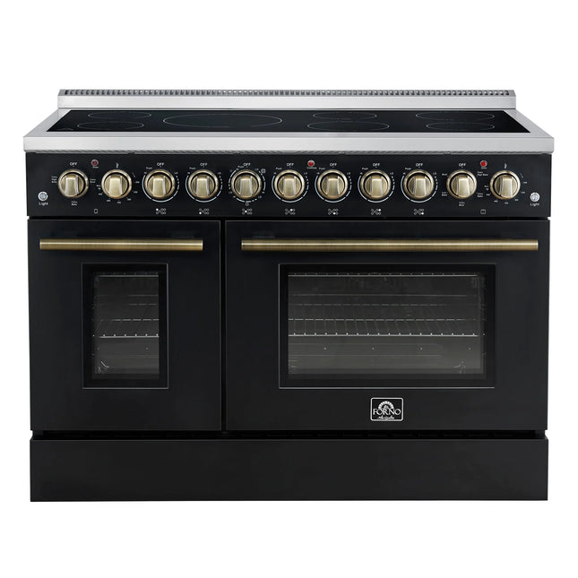 Forno Paolo 48 Inch Freestanding Electric Range in Black with Antique Brass, 6.7 cu.ft, True Convection Oven, Energy Efficient FORNO