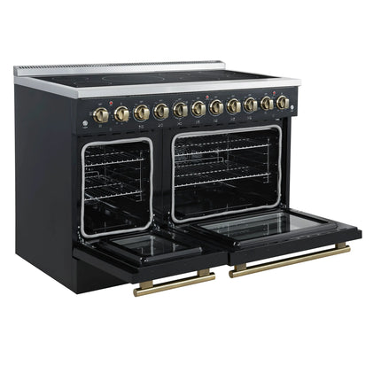 Forno Paolo 48 Inch Freestanding Electric Range in Black with Antique Brass, 6.7 cu.ft, True Convection Oven, Energy Efficient FORNO