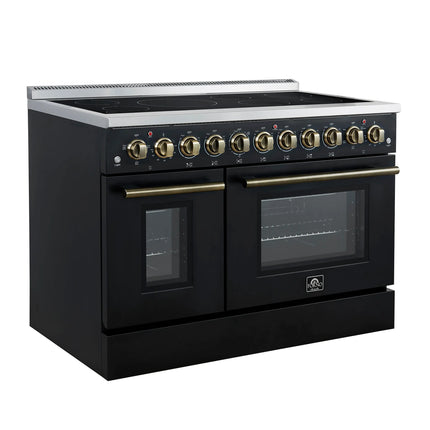 Forno Paolo 48 Inch Freestanding Electric Range in Black with Antique Brass, 6.7 cu.ft, True Convection Oven, Energy Efficient FORNO