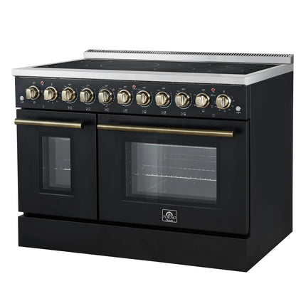 Forno Paolo 48 Inch Freestanding Electric Range in Black with Antique Brass, 6.7 cu.ft, True Convection Oven, Energy Efficient FORNO