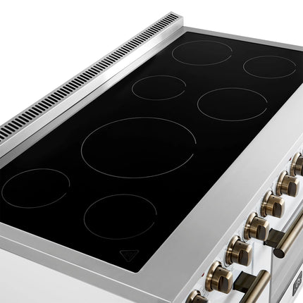 Forno Paolo 48 Inch Freestanding Electric Range in White with Antique Brass, 6.7 cu.ft, True Convection Oven, Energy Efficient FORNO