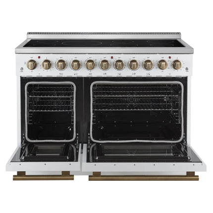 Forno Paolo 48 Inch Freestanding Electric Range in White with Antique Brass, 6.7 cu.ft, True Convection Oven, Energy Efficient FORNO
