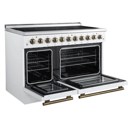 Forno Paolo 48 Inch Freestanding Electric Range in White with Antique Brass, 6.7 cu.ft, True Convection Oven, Energy Efficient FORNO
