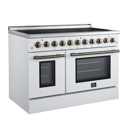 Forno Paolo 48 Inch Freestanding Electric Range in White with Antique Brass, 6.7 cu.ft, True Convection Oven, Energy Efficient FORNO