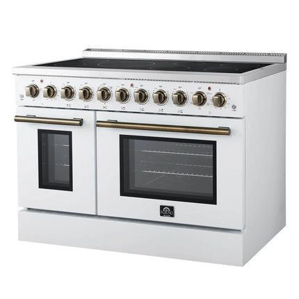 Forno Paolo 48 Inch Freestanding Electric Range in White with Antique Brass, 6.7 cu.ft, True Convection Oven, Energy Efficient FORNO
