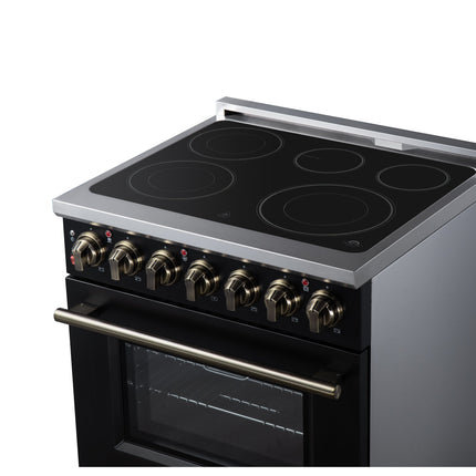 Massimo 30 Inch Freestanding Electric range, 5 radiant burners, 4.32 cf. True Convection oven, Air fryer kit, Black FORNO