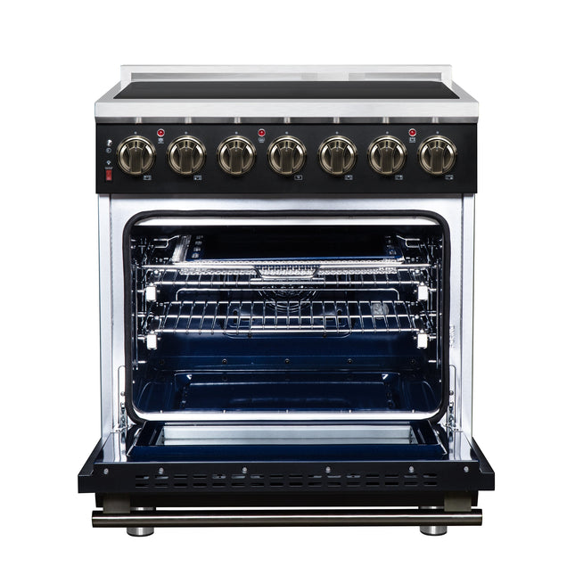 Massimo 30 Inch Freestanding Electric range, 5 radiant burners, 4.32 cf. True Convection oven, Air fryer kit, Black FORNO