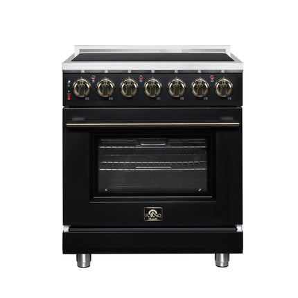 Massimo 30 Inch Freestanding Electric range, 5 radiant burners, 4.32 cf. True Convection oven, Air fryer kit, Black FORNO
