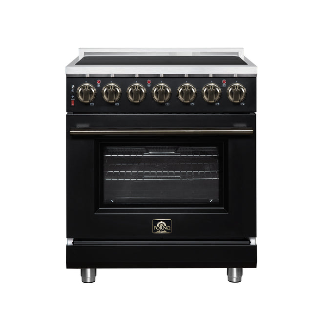 Massimo 30 Inch Freestanding Electric range, 5 radiant burners, 4.32 cf. True Convection oven, Air fryer kit, Black FORNO