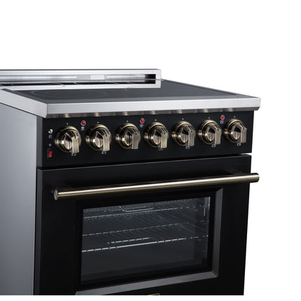 Massimo 30 Inch Freestanding Electric range, 5 radiant burners, 4.32 cf. True Convection oven, Air fryer kit, Black FORNO
