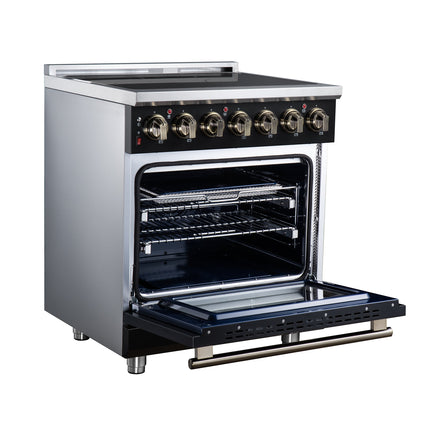 Massimo 30 Inch Freestanding Electric range, 5 radiant burners, 4.32 cf. True Convection oven, Air fryer kit, Black FORNO