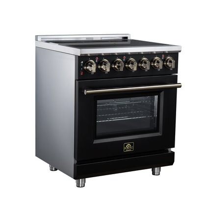 Massimo 30 Inch Freestanding Electric range, 5 radiant burners, 4.32 cf. True Convection oven, Air fryer kit, Black FORNO