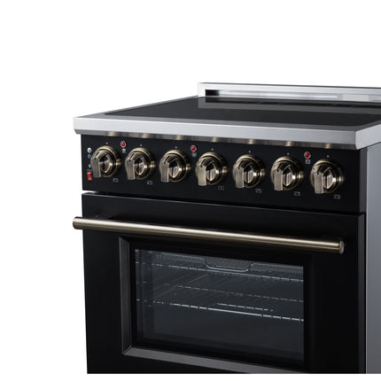 Massimo 30 Inch Freestanding Electric range, 5 radiant burners, 4.32 cf. True Convection oven, Air fryer kit, Black FORNO
