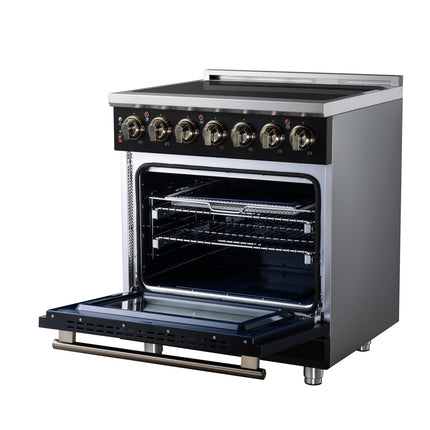 Massimo 30 Inch Freestanding Electric range, 5 radiant burners, 4.32 cf. True Convection oven, Air fryer kit, Black FORNO