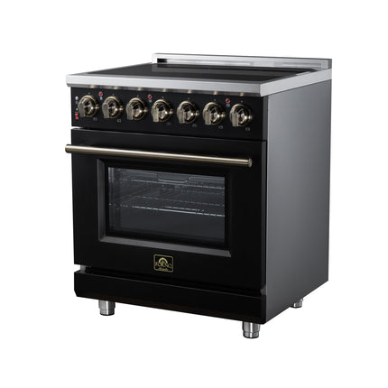 Massimo 30 Inch Freestanding Electric range, 5 radiant burners, 4.32 cf. True Convection oven, Air fryer kit, Black FORNO