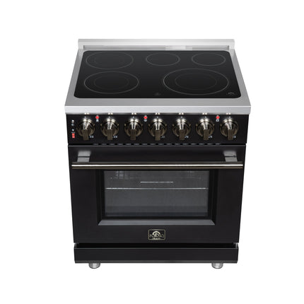 Massimo 30 Inch Freestanding Electric range, 5 radiant burners, 4.32 cf. True Convection oven, Air fryer kit, Black FORNO