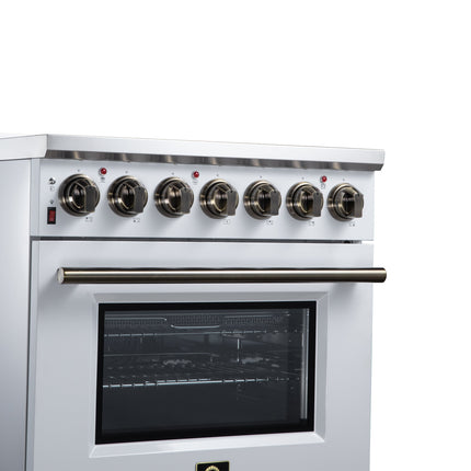 Massimo 30 Inch Freestanding Electric range, 5 radiant burners, 4.32 cf. True Convection oven, Air Fryer Kit, White FORNO
