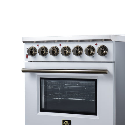 Massimo 30 Inch Freestanding Electric range, 5 radiant burners, 4.32 cf. True Convection oven, Air Fryer Kit, White FORNO