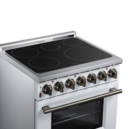 Massimo 30 Inch Freestanding Electric range, 5 radiant burners, 4.32 cf. True Convection oven, Air Fryer Kit, White FORNO
