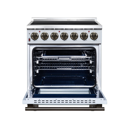 Massimo 30 Inch Freestanding Electric range, 5 radiant burners, 4.32 cf. True Convection oven, Air Fryer Kit, White FORNO