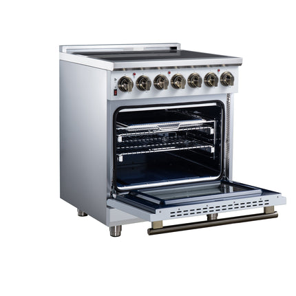 Massimo 30 Inch Freestanding Electric range, 5 radiant burners, 4.32 cf. True Convection oven, Air Fryer Kit, White FORNO