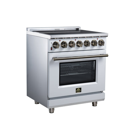 Massimo 30 Inch Freestanding Electric range, 5 radiant burners, 4.32 cf. True Convection oven, Air Fryer Kit, White FORNO