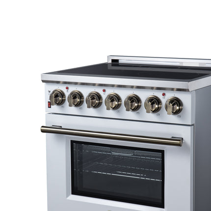 Massimo 30 Inch Freestanding Electric range, 5 radiant burners, 4.32 cf. True Convection oven, Air Fryer Kit, White FORNO