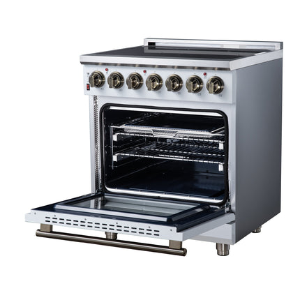 Massimo 30 Inch Freestanding Electric range, 5 radiant burners, 4.32 cf. True Convection oven, Air Fryer Kit, White FORNO