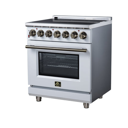 Massimo 30 Inch Freestanding Electric range, 5 radiant burners, 4.32 cf. True Convection oven, Air Fryer Kit, White FORNO