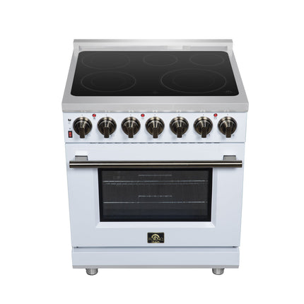 Massimo 30 Inch Freestanding Electric range, 5 radiant burners, 4.32 cf. True Convection oven, Air Fryer Kit, White FORNO