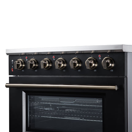 Massimo 36 Inch Freestanding Electric range, 5 radiant burners, 5.36 cf. True Convection oven, Air fryer kit, Black FORNO