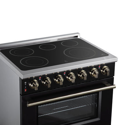 Massimo 36 Inch Freestanding Electric range, 5 radiant burners, 5.36 cf. True Convection oven, Air fryer kit, Black FORNO