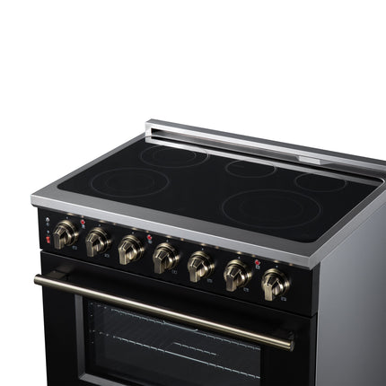 Massimo 36 Inch Freestanding Electric range, 5 radiant burners, 5.36 cf. True Convection oven, Air fryer kit, Black FORNO