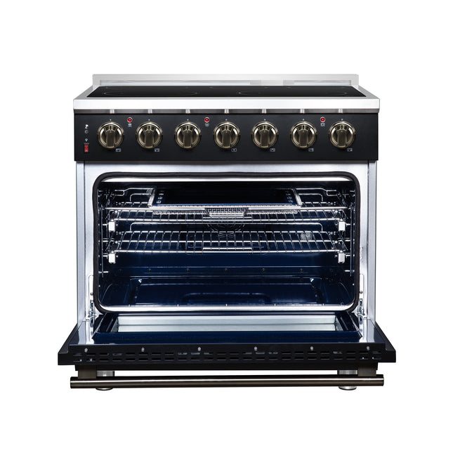 Massimo 36 Inch Freestanding Electric range, 5 radiant burners, 5.36 cf. True Convection oven, Air fryer kit, Black FORNO