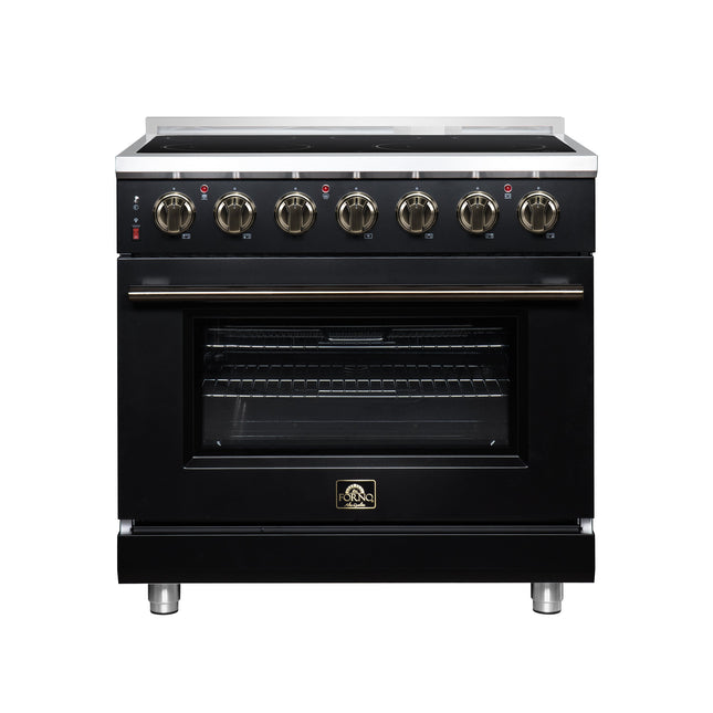 Massimo 36 Inch Freestanding Electric range, 5 radiant burners, 5.36 cf. True Convection oven, Air fryer kit, Black FORNO