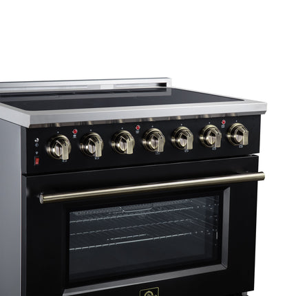 Massimo 36 Inch Freestanding Electric range, 5 radiant burners, 5.36 cf. True Convection oven, Air fryer kit, Black FORNO