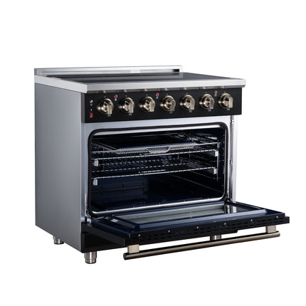 Massimo 36 Inch Freestanding Electric range, 5 radiant burners, 5.36 cf. True Convection oven, Air fryer kit, Black FORNO