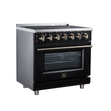 Massimo 36 Inch Freestanding Electric range, 5 radiant burners, 5.36 cf. True Convection oven, Air fryer kit, Black FORNO