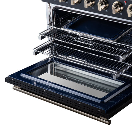 Massimo 36 Inch Freestanding Electric range, 5 radiant burners, 5.36 cf. True Convection oven, Air fryer kit, Black FORNO