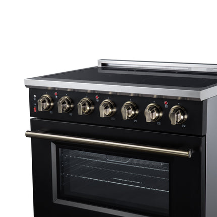 Massimo 36 Inch Freestanding Electric range, 5 radiant burners, 5.36 cf. True Convection oven, Air fryer kit, Black FORNO