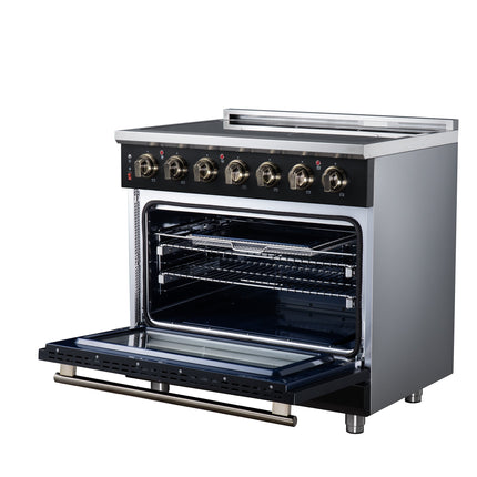 Massimo 36 Inch Freestanding Electric range, 5 radiant burners, 5.36 cf. True Convection oven, Air fryer kit, Black FORNO