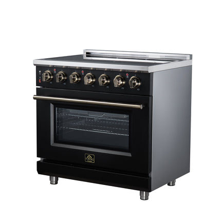 Massimo 36 Inch Freestanding Electric range, 5 radiant burners, 5.36 cf. True Convection oven, Air fryer kit, Black FORNO