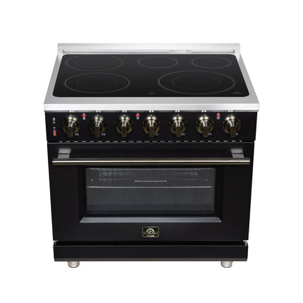 Massimo 36 Inch Freestanding Electric range, 5 radiant burners, 5.36 cf. True Convection oven, Air fryer kit, Black FORNO