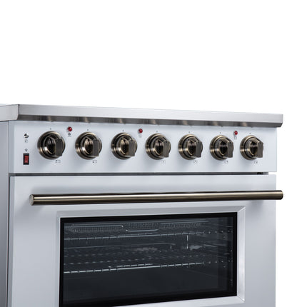 Massimo 36 Inch Freestanding Electric range, 5 radiant burners, 5.36 cf. True Convection oven, Air fryer kit, White FORNO