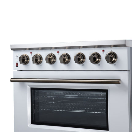 Massimo 36 Inch Freestanding Electric range, 5 radiant burners, 5.36 cf. True Convection oven, Air fryer kit, White FORNO