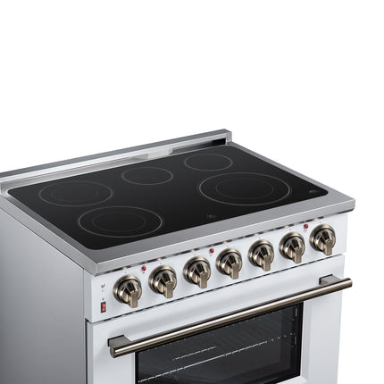 Massimo 36 Inch Freestanding Electric range, 5 radiant burners, 5.36 cf. True Convection oven, Air fryer kit, White FORNO
