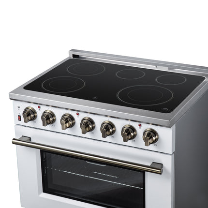 Massimo 36 Inch Freestanding Electric range, 5 radiant burners, 5.36 cf. True Convection oven, Air fryer kit, White FORNO