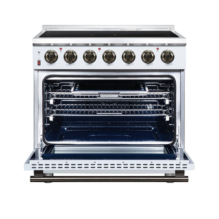Massimo 36 Inch Freestanding Electric range, 5 radiant burners, 5.36 cf. True Convection oven, Air fryer kit, White FORNO