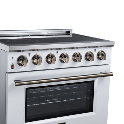 Massimo 36 Inch Freestanding Electric range, 5 radiant burners, 5.36 cf. True Convection oven, Air fryer kit, White FORNO